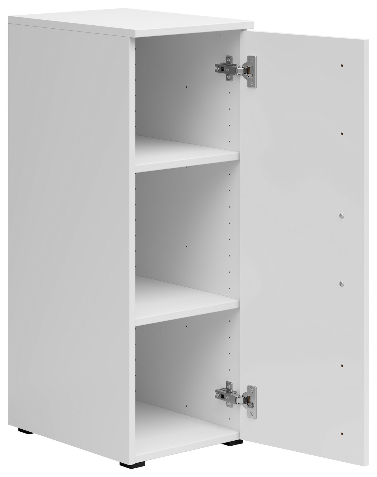 Weißer Mehrzweckschrank mit geöffneter Tür, zwei Einlegeböden und seitlicher Perspektive