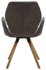 Rückansicht eines Armlehnenstuhls mit dunklem Polster und Holzbeinen