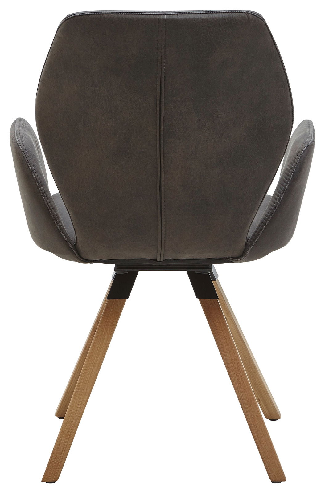 Rückansicht eines Armlehnenstuhls mit dunklem Polster und Holzbeinen