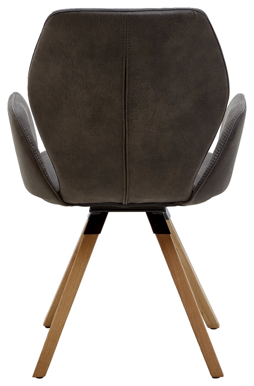 Rückansicht eines Armlehnenstuhls mit dunklem Polster und Holzbeinen