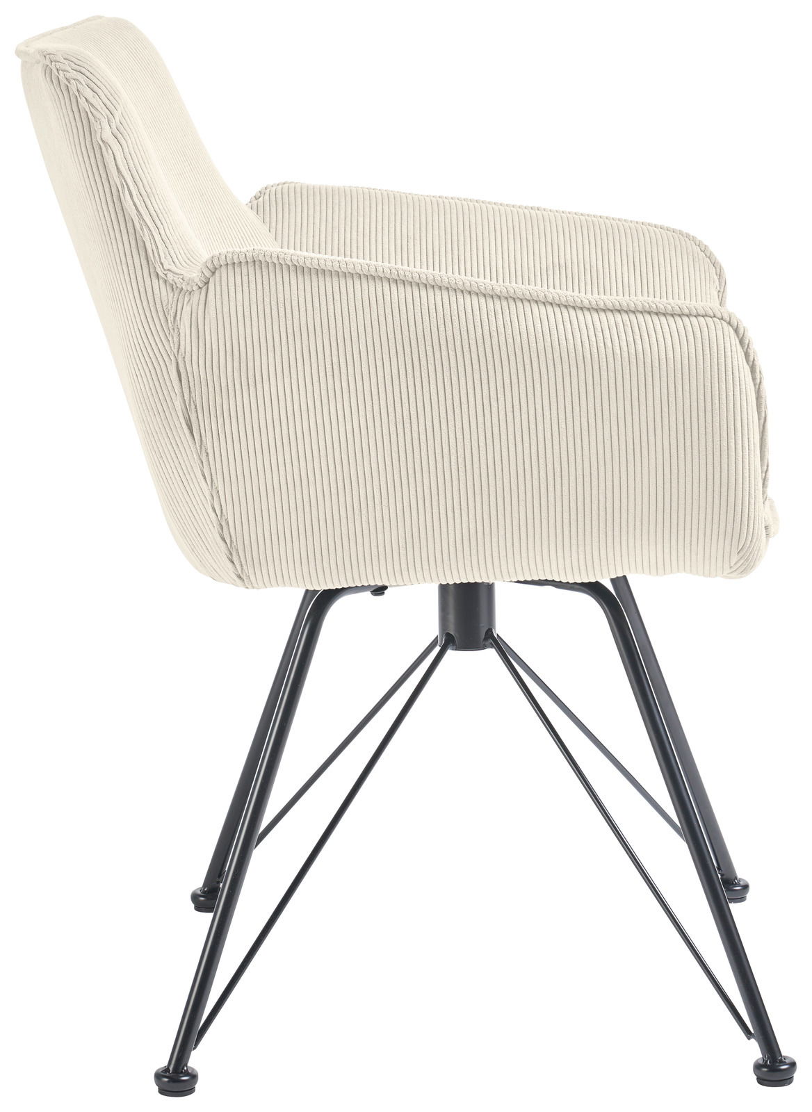 Seitenansicht eines Armlehnstuhls mit cremefarbenem, geripptem Stoffbezug und schwarzen Metallbeinen.
