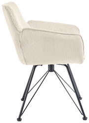 Zijaanzicht van een fauteuil met crèmekleurige, geribbelde stoffen bekleding en zwarte metalen poten.