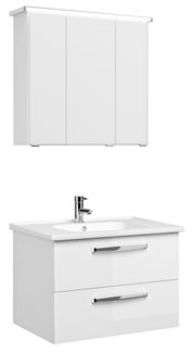 Moderner weißer Badblock mit Spiegelschrank und Waschbecken, seitliche Perspektive