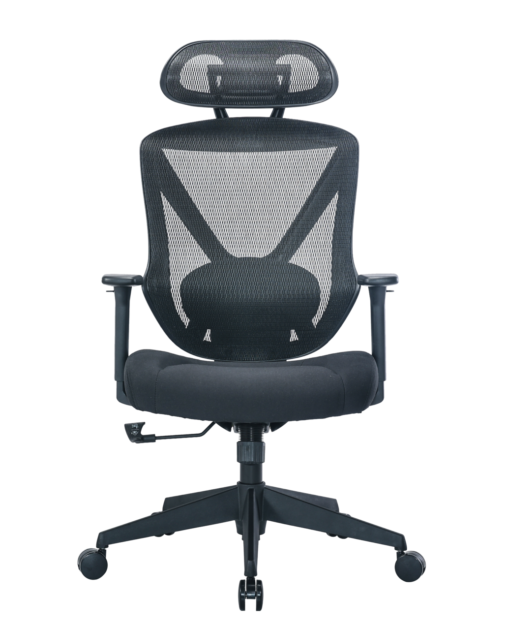 Ergonomischer Drehstuhl mit Netzrückenlehne und Kopfstütze, Vorderansicht