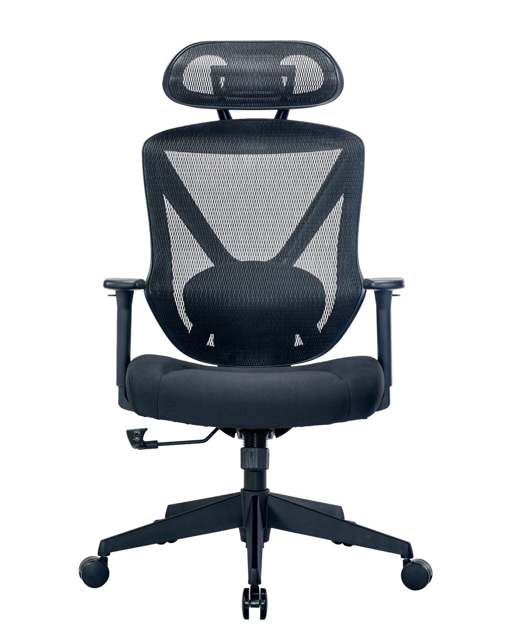 Ergonomischer Drehstuhl mit Netzrückenlehne und Kopfstütze, Vorderansicht