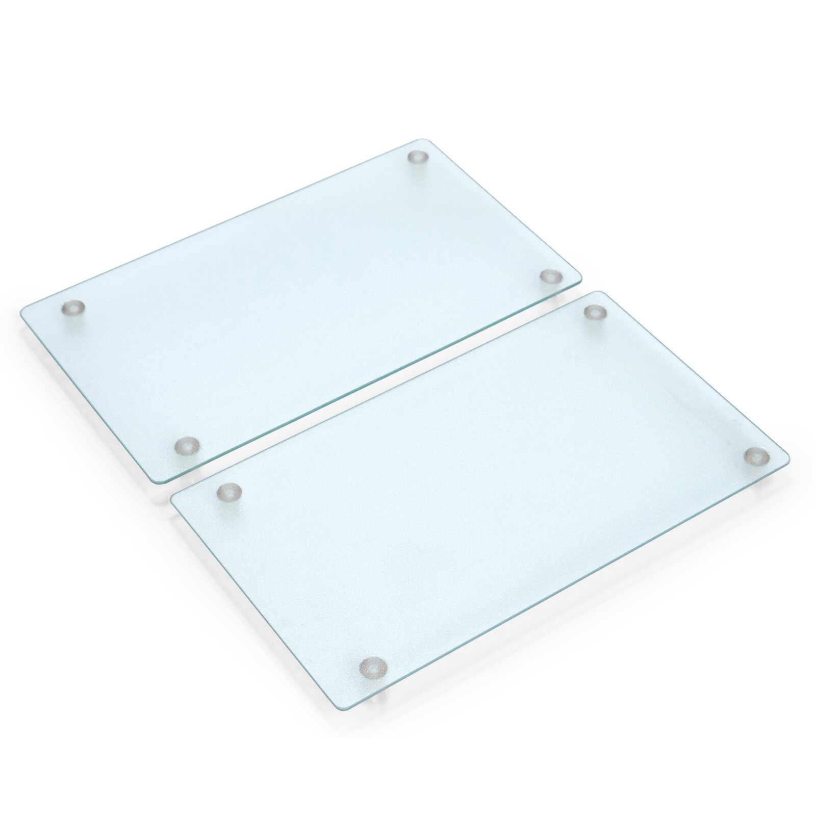Zeller Present Glasschneideplatten-Set 2-tlg. Zwei rechteckige Glasschneideplatten mit rutschfesten Füßen, aus der Vogelperspektive fotografiert.