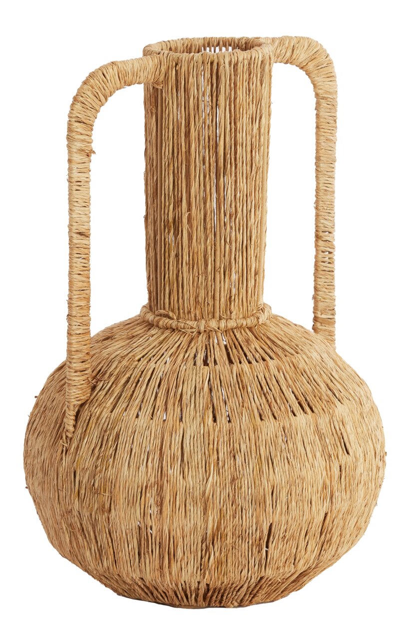 Geflochtene Vase aus Naturmaterialien mit zwei Griffen, seitliche Perspektive