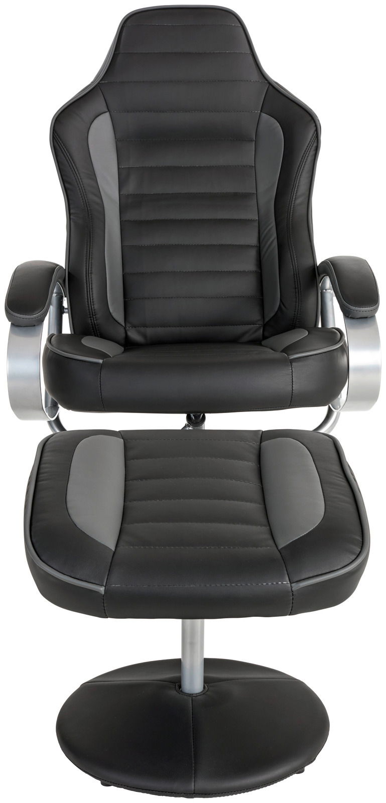 Schwarzer Fernsehsessel mit Hocker aus Leder, Vorderansicht