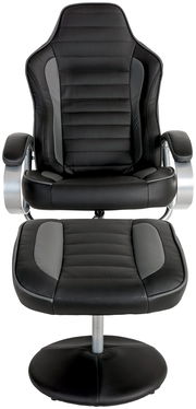 Schwarzer Fernsehsessel mit Hocker aus Leder, Vorderansicht