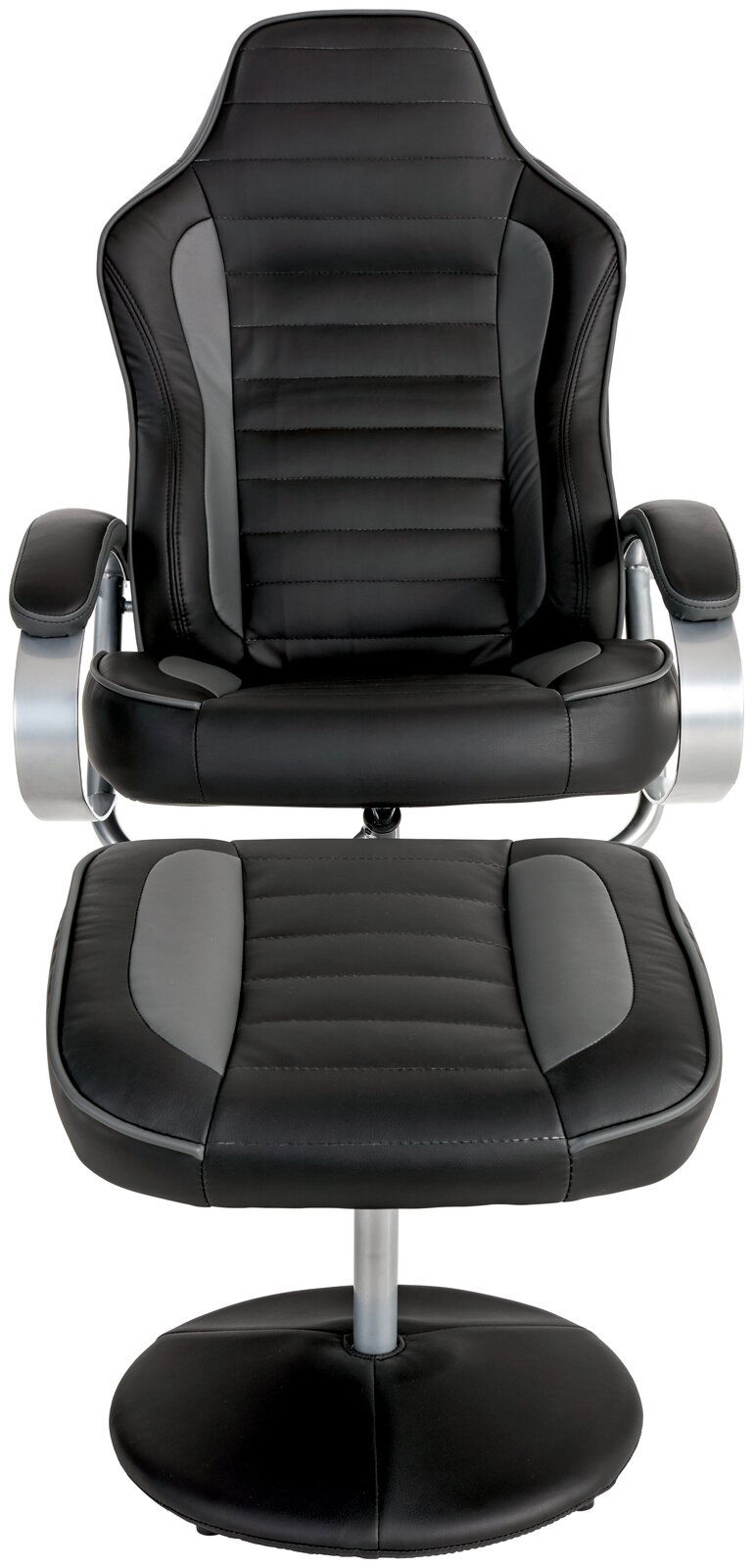 Schwarzer Fernsehsessel mit Hocker aus Leder, Vorderansicht