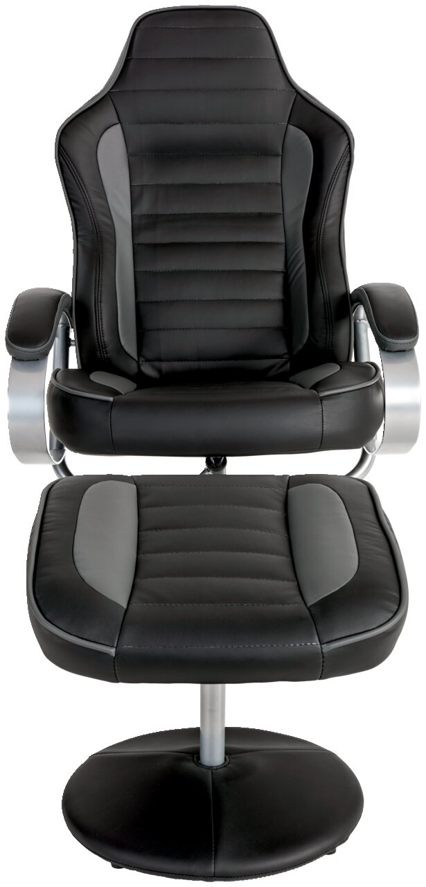 Schwarzer Fernsehsessel mit Hocker aus Leder, Vorderansicht