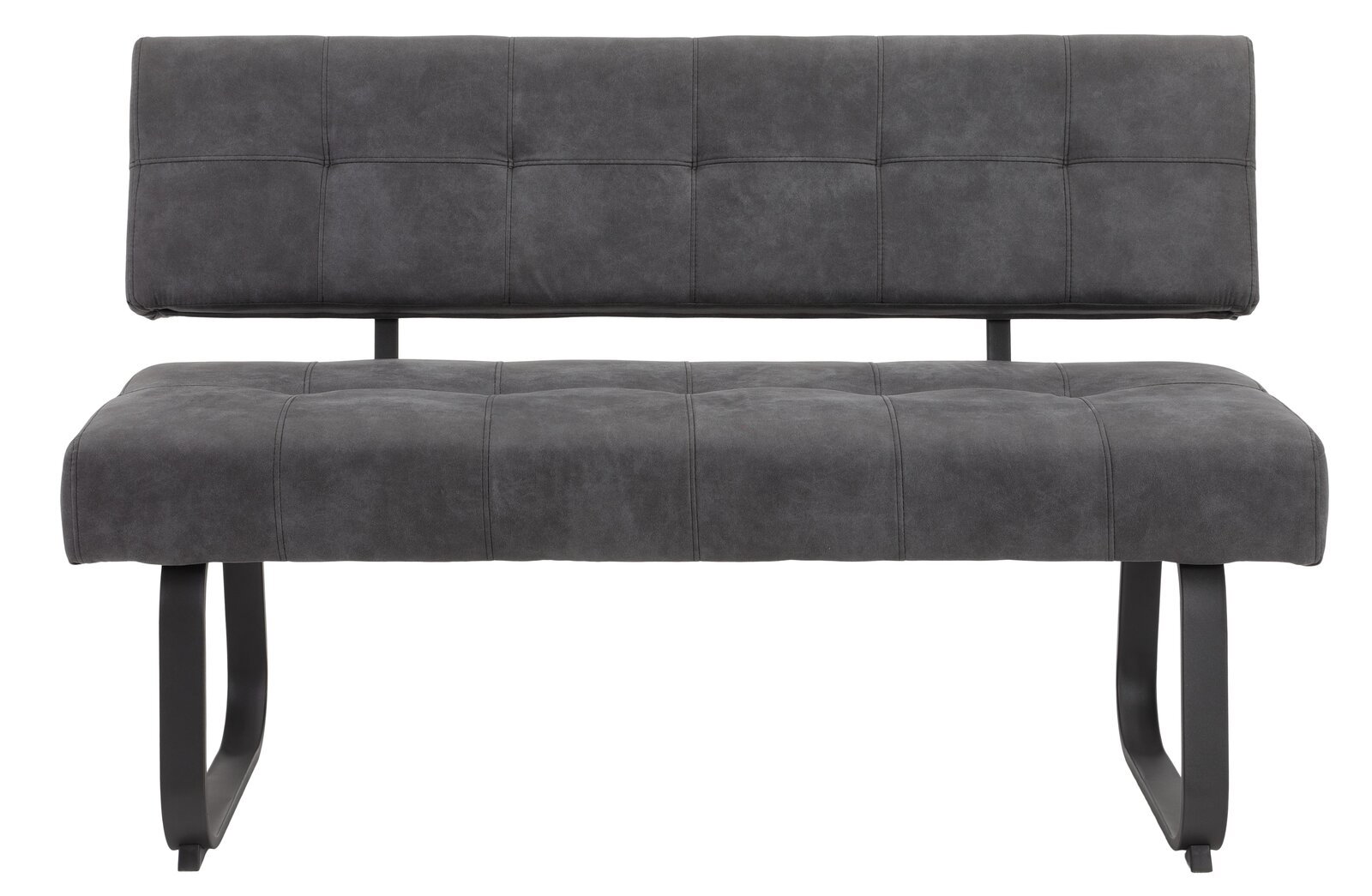 Graue Bank mit gepolsterter Sitzfläche und Rückenlehne, Metallbeine, Frontalansicht