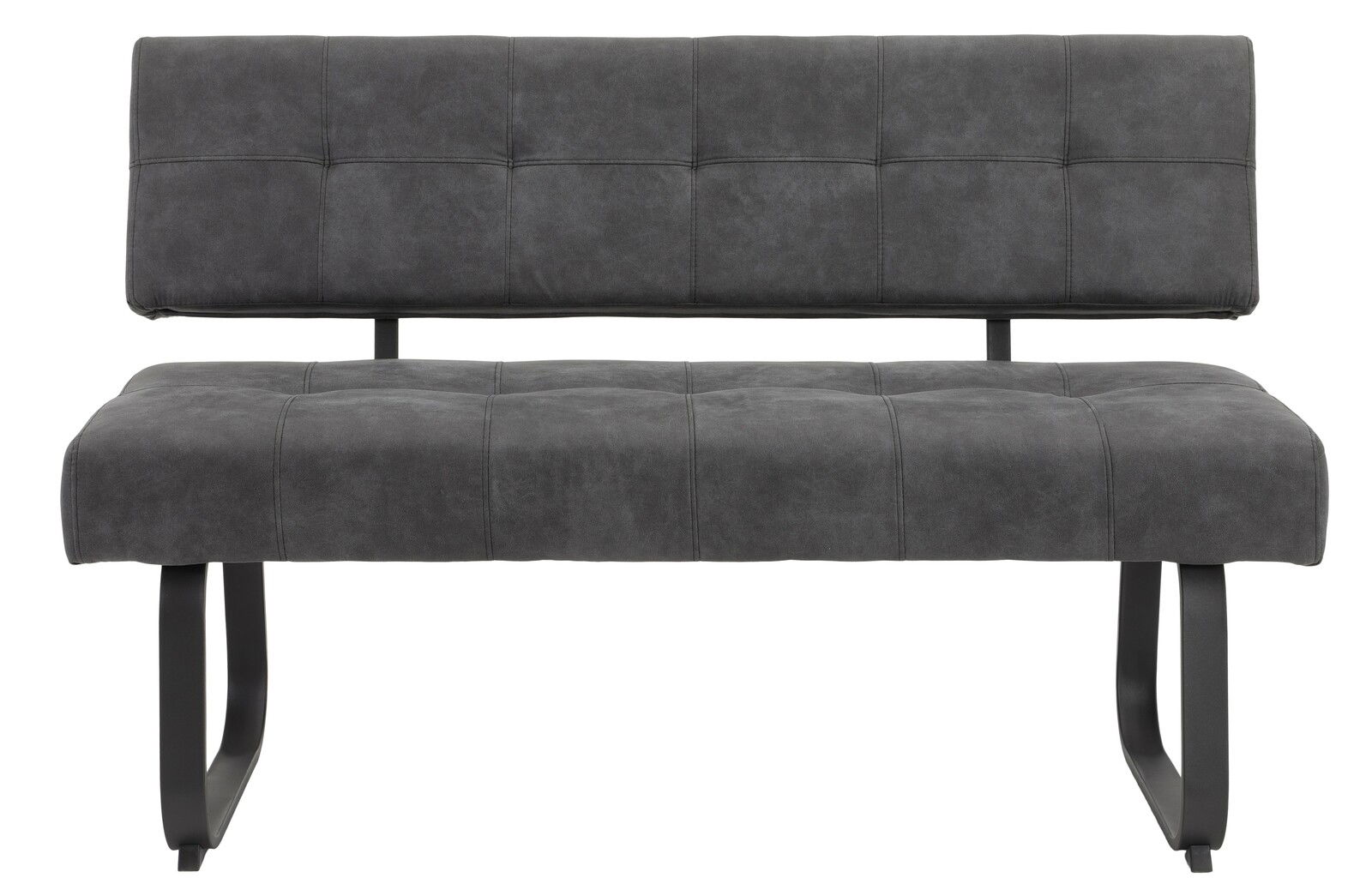Graue Bank mit gepolsterter Sitzfläche und Rückenlehne, Metallbeine, Frontalansicht
