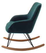 Moderner Schaukelstuhl mit blauem Stoffbezug und Holzbeinen, Seitenansicht