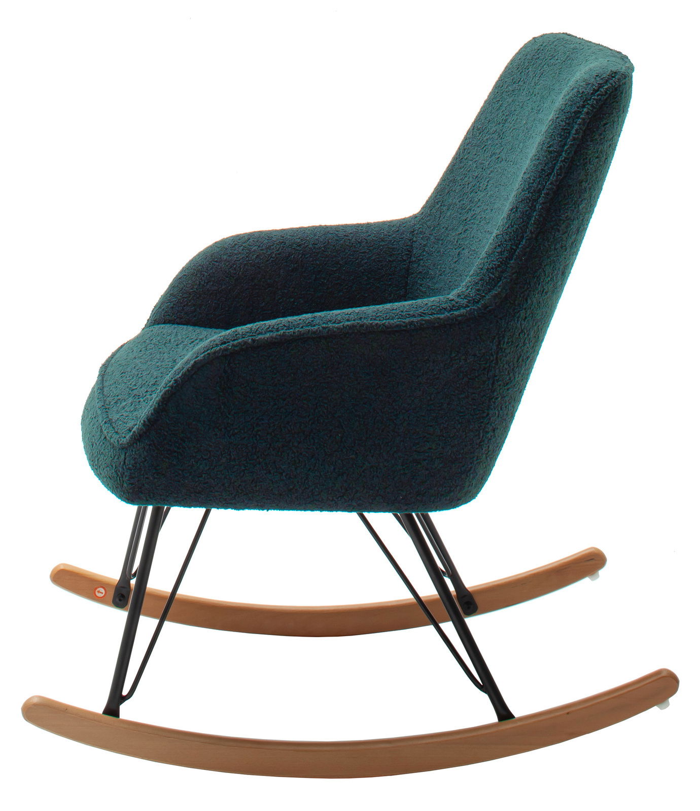 Moderner Schaukelstuhl mit blauem Stoffbezug und Holzbeinen, Seitenansicht