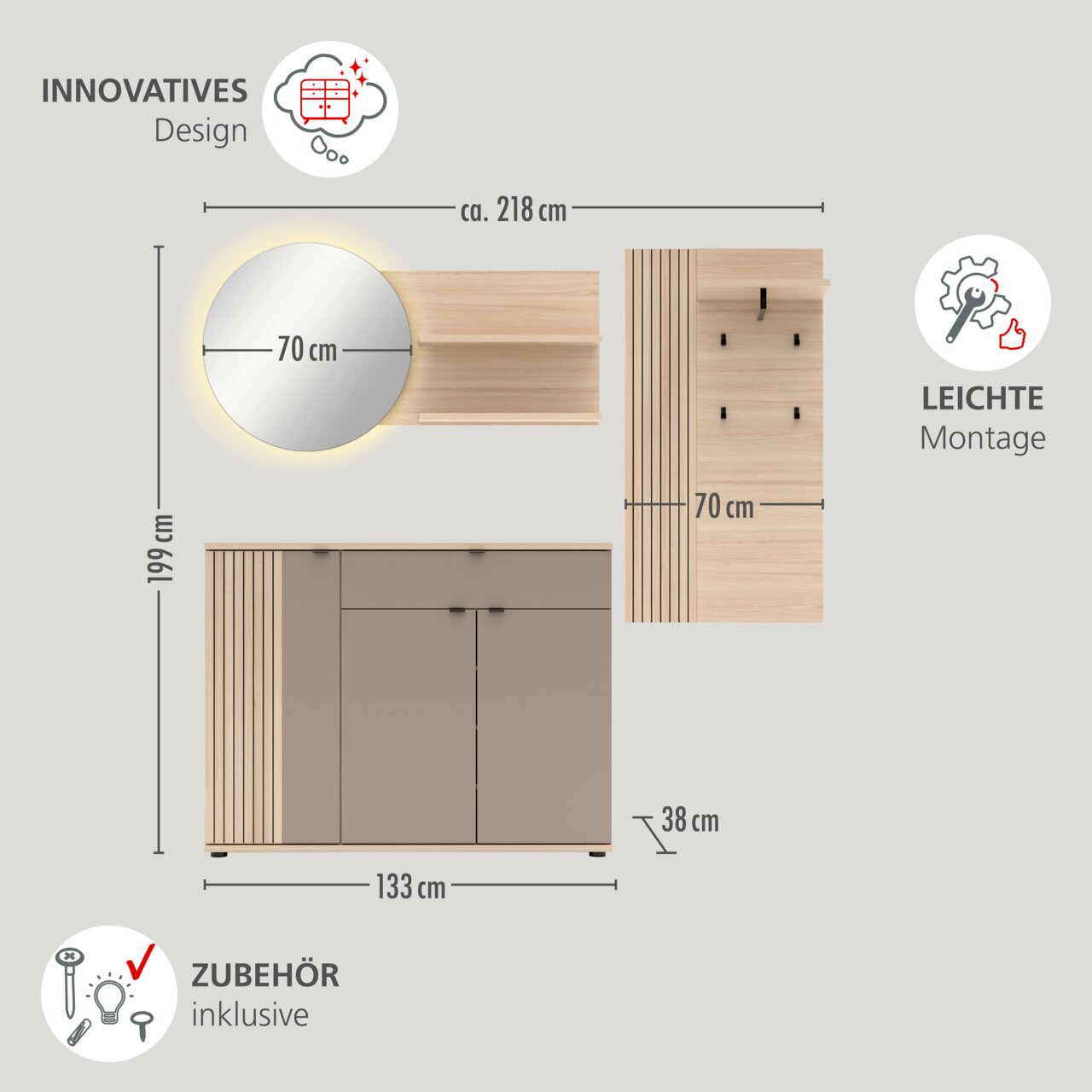 Badezimmermöbel-Set in Holzoptik und Taupe mit rundem Spiegel (Ø 70 cm), Waschtischunterschrank (ca. 133 × 38 cm) und Wandpaneel/Regal (Breite 70 cm), Maße gesamt ca. 218 × 199 cm, dargestellt in Frontansicht mit Maßangaben sowie zusätzlicher Draufsicht/S