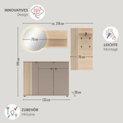 Badezimmermöbel-Set in Holzoptik und Taupe mit rundem Spiegel (Ø 70 cm), Waschtischunterschrank (ca. 133 × 38 cm) und Wandpaneel/Regal (Breite 70 cm), Maße gesamt ca. 218 × 199 cm, dargestellt in Frontansicht mit Maßangaben sowie zusätzlicher Draufsicht/S