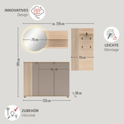Badezimmermöbel-Set in Holzoptik und Taupe mit rundem Spiegel (Ø 70 cm), Waschtischunterschrank (ca. 133 × 38 cm) und Wandpaneel/Regal (Breite 70 cm), Maße gesamt ca. 218 × 199 cm, dargestellt in Frontansicht mit Maßangaben sowie zusätzlicher Draufsicht/S