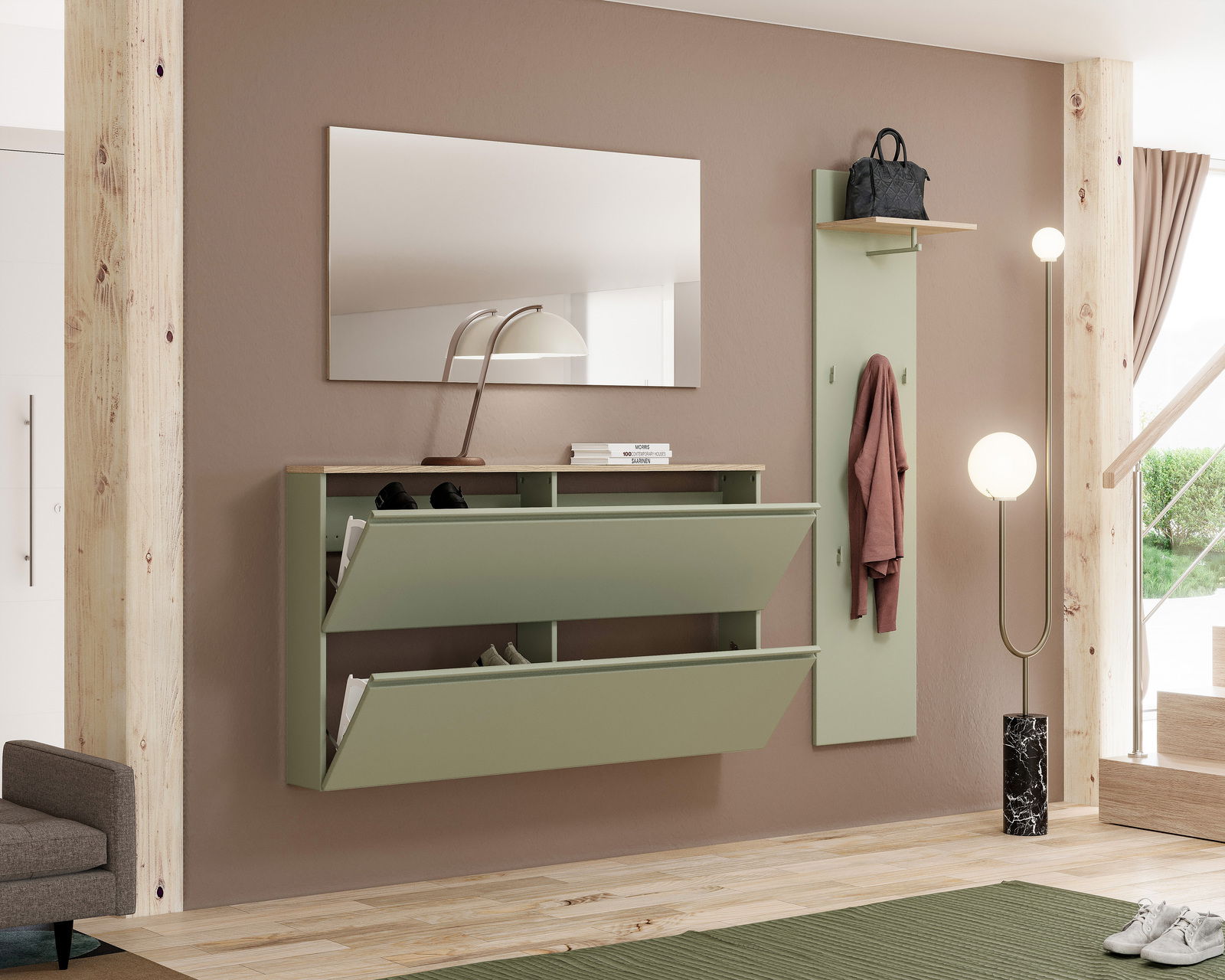 Moderner Hängeschuhschrank in Grün mit zwei Klappen, an einer Wand montiert, mit einem Spiegel darüber und einem Garderobenpaneel daneben. Perspektive: Frontalansicht.