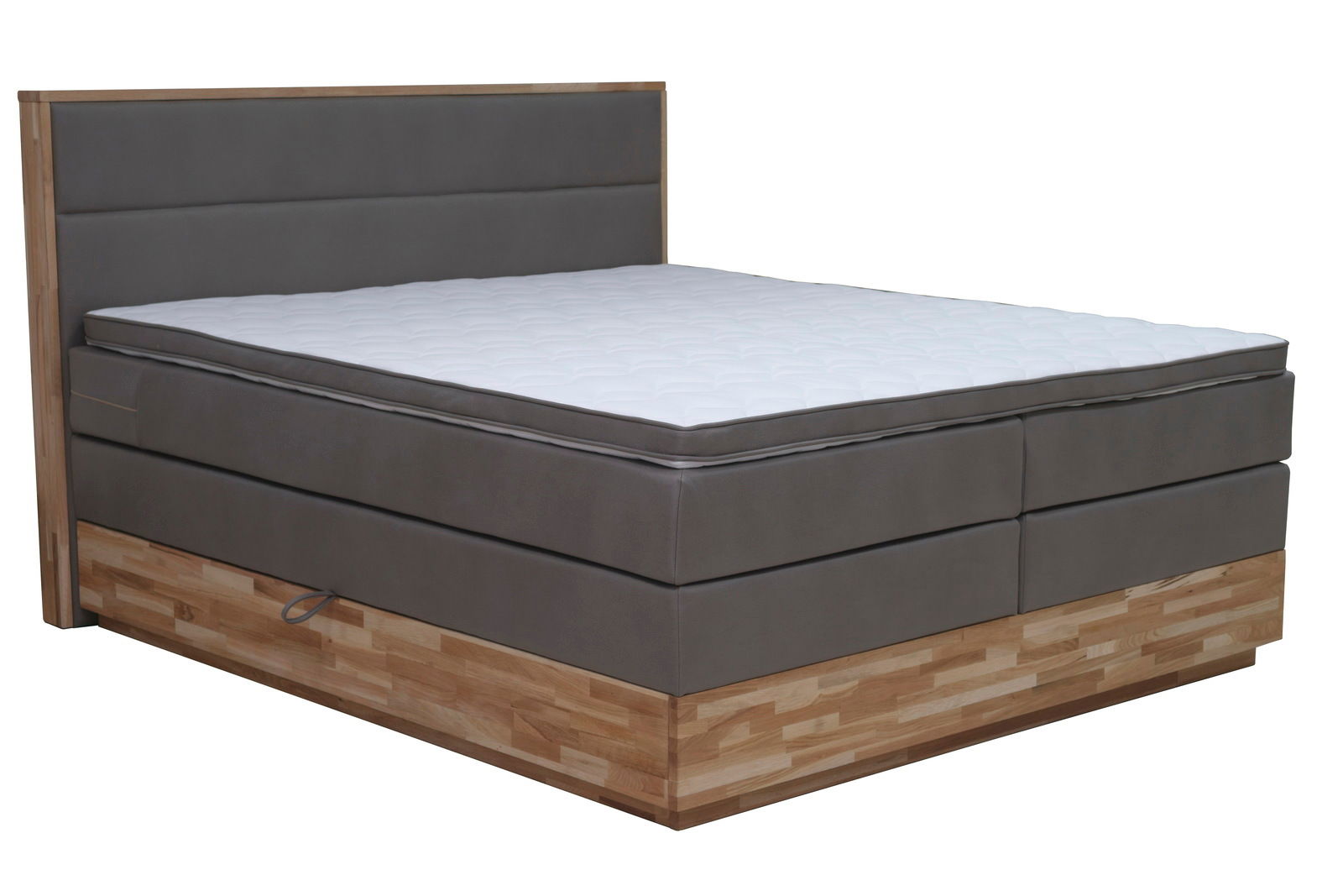 Boxspringbett Moderano EMMA in seitlicher Perspektive, mit grauem Polster und Holzunterbau.