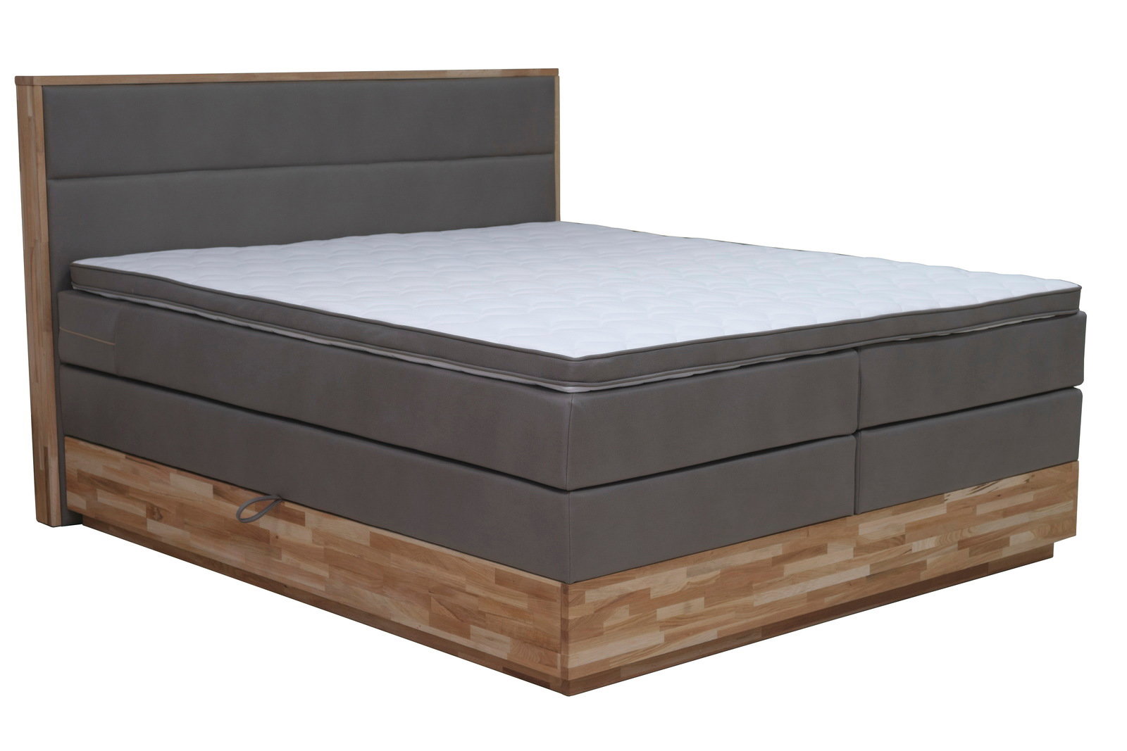 Boxspringbett Moderano EMMA in seitlicher Perspektive, mit grauem Polster und Holzunterbau.