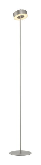 Moderne Stehleuchte Q-ROTATE von Paul Neuhaus in silberner Farbe, mit rundem Lampenschirm und stabilem Standfuß, frontal abgebildet.