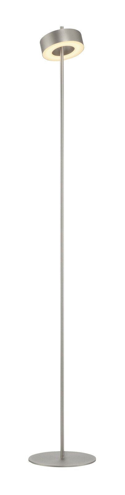 Moderne Stehleuchte Q-ROTATE von Paul Neuhaus in silberner Farbe, mit rundem Lampenschirm und stabilem Standfuß, frontal abgebildet.