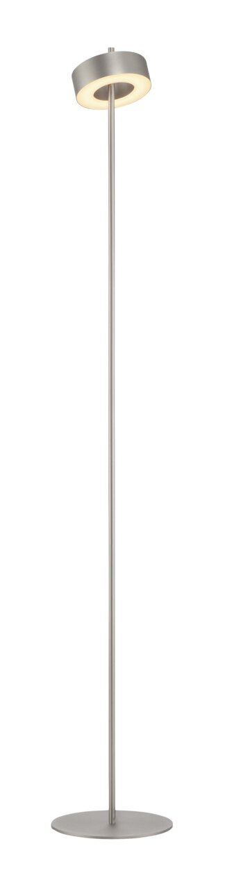 Moderne Stehleuchte Q-ROTATE von Paul Neuhaus in silberner Farbe, mit rundem Lampenschirm und stabilem Standfuß, frontal abgebildet.