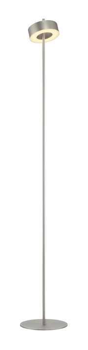 Moderne Stehleuchte Q-ROTATE von Paul Neuhaus in silberner Farbe, mit rundem Lampenschirm und stabilem Standfuß, frontal abgebildet.