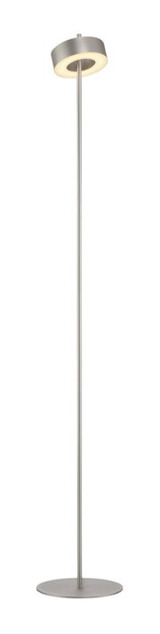Moderne staande lamp Q-ROTATE van Paul Neuhaus in zilverkleur, met ronde lampenkap en stevige voet, hier van voren afgebeeld.