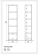 Zeichnung eines Aktenregals mit fünf Fächern, Vorder- und Seitenansicht, Maße: Breite 50 cm, Höhe 196 cm, Tiefe 37 cm