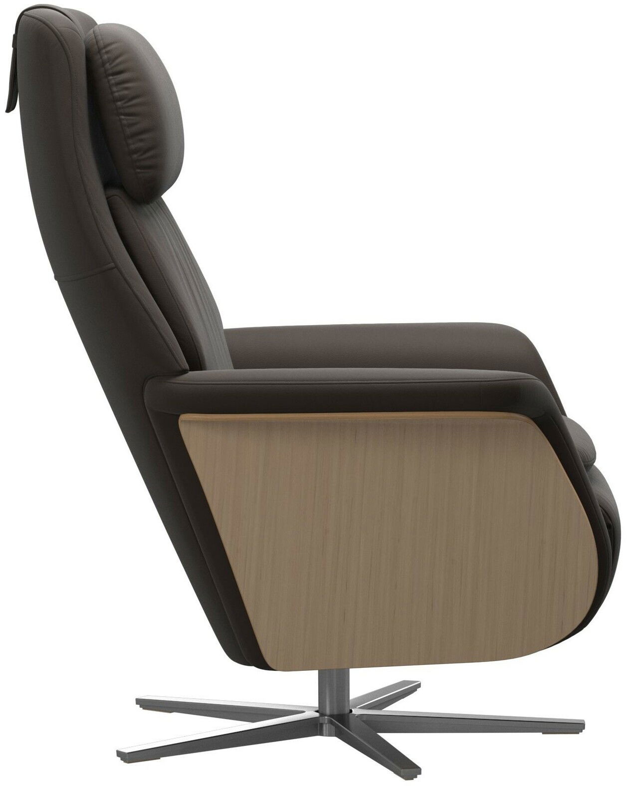 Seitliche Ansicht eines modernen Fernsehsessels mit dunklem Lederbezug und Holzverkleidung auf einem drehbaren Metallfuß.