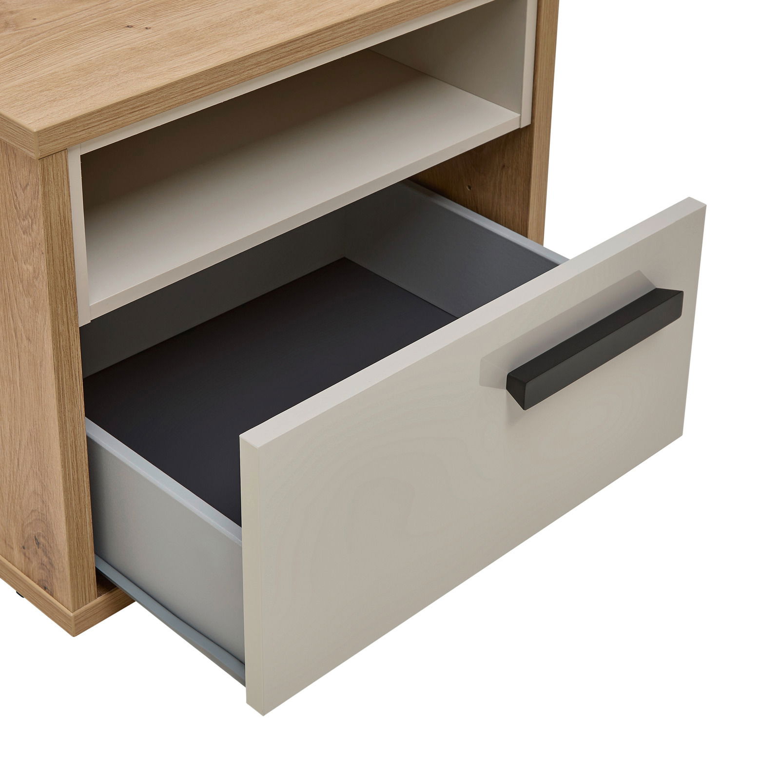 Nachtkonsole aus Holz mit offener Schublade, seitliche Perspektive