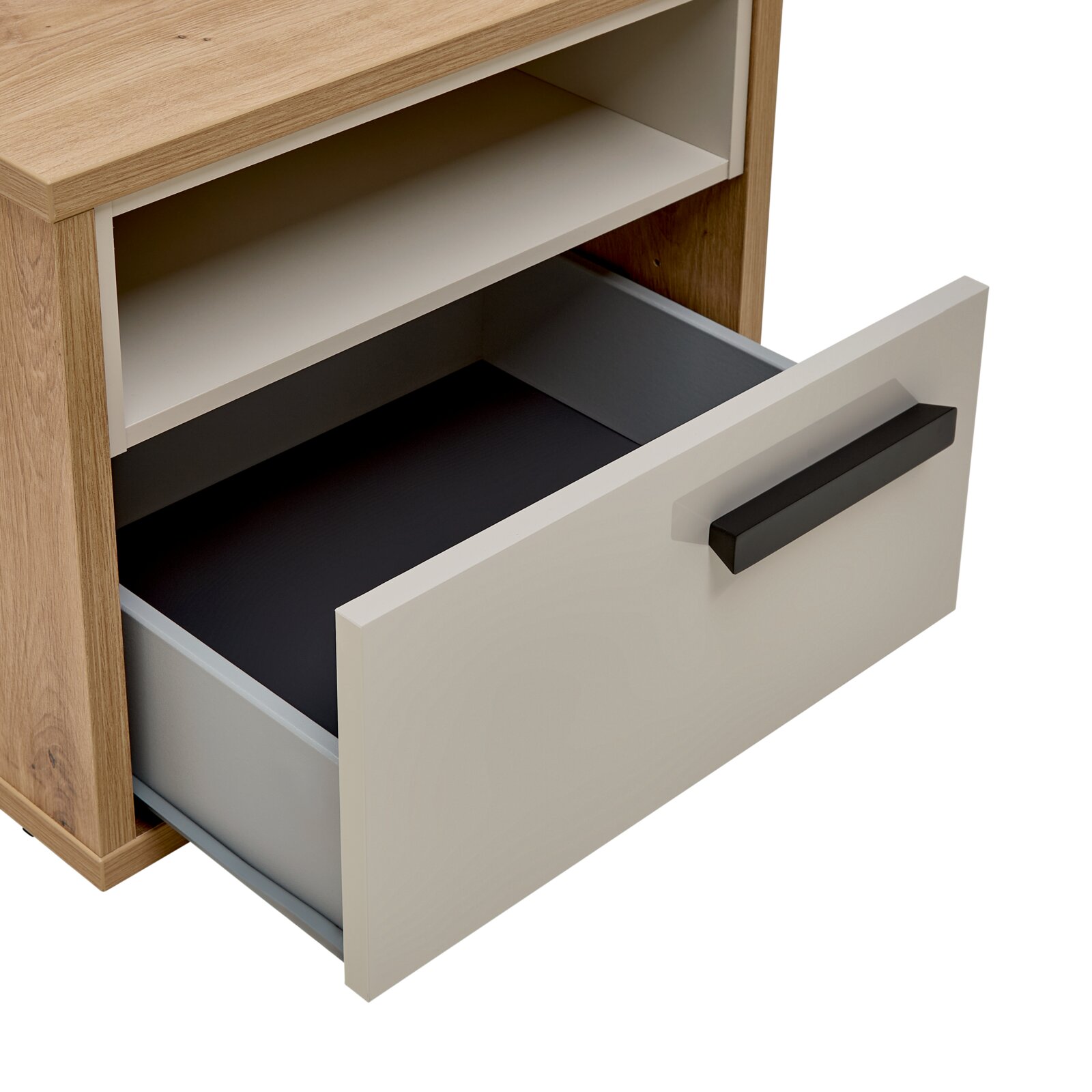 Houten nachtkastje met open lade, zijaanzicht
