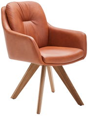 Moderner Armlehnstuhl aus braunem Leder mit Holzbeinen, seitliche Perspektive