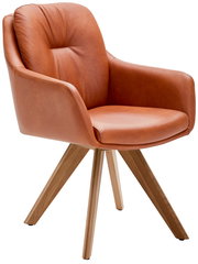 Moderner Armlehnstuhl aus braunem Leder mit Holzbeinen, seitliche Perspektive