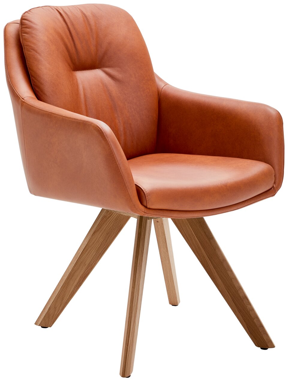 Moderner Armlehnstuhl aus braunem Leder mit Holzbeinen, seitliche Perspektive