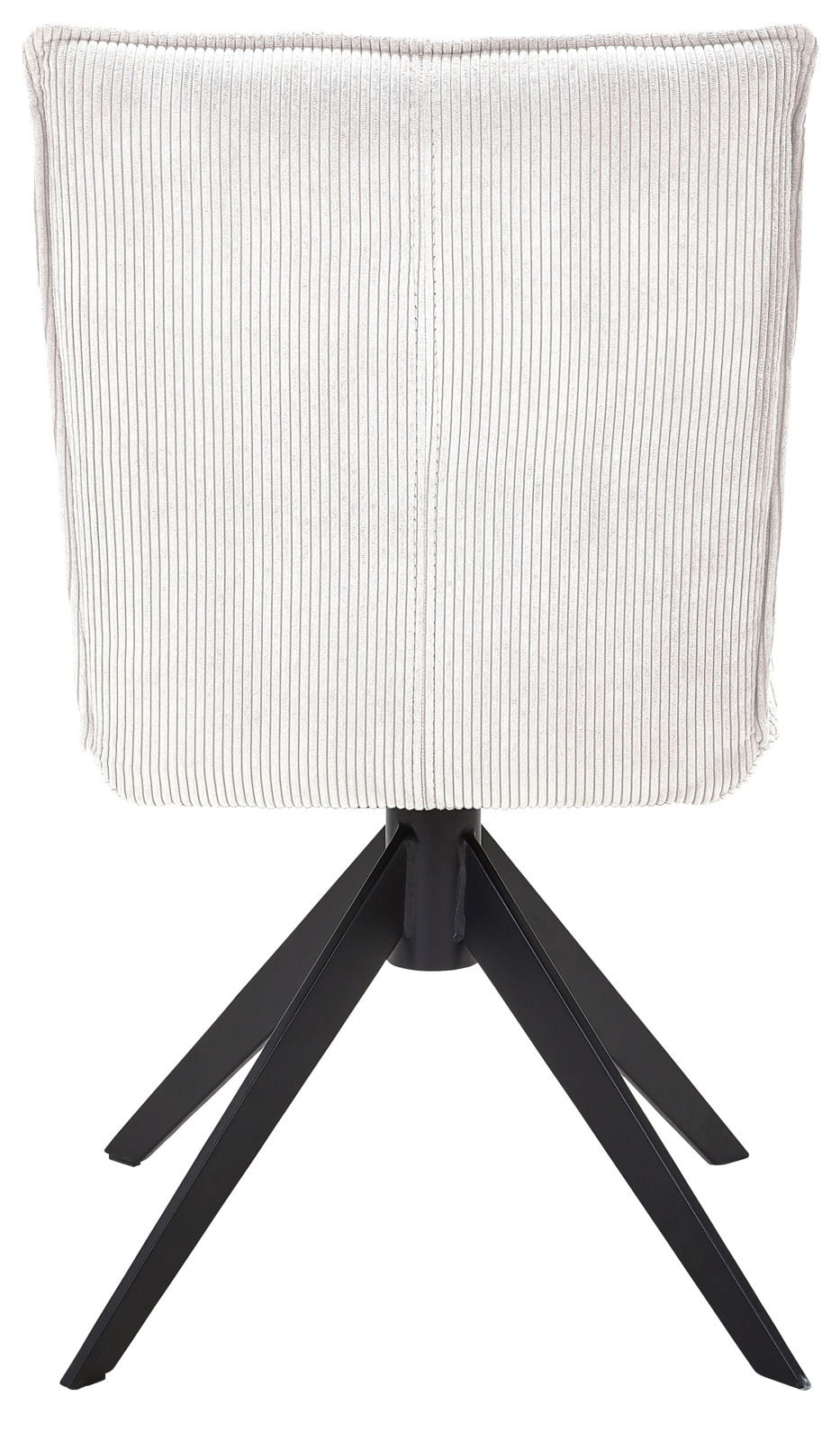 Rückansicht eines Stuhls mit weißem, geripptem Stoffbezug und schwarzem Metallgestell.