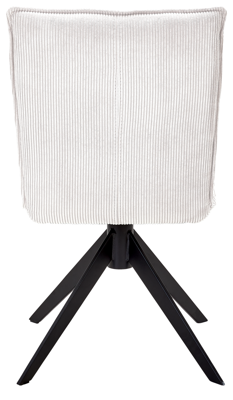 Johann Jakob Stuhl CALAS Rückansicht eines Stuhls mit weißem, geripptem Stoffbezug und schwarzem Metallgestell.