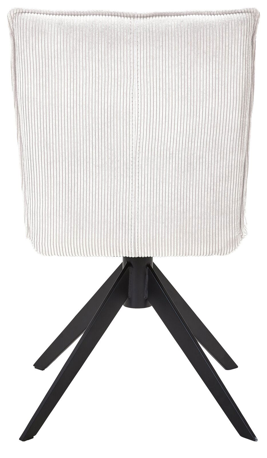 Rückansicht eines Stuhls mit weißem, geripptem Stoffbezug und schwarzem Metallgestell.