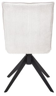 Rückansicht eines Stuhls mit weißem, geripptem Stoffbezug und schwarzem Metallgestell.