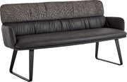 Moderne Sitzbank in Schwarz mit gepolsterter Sitzfläche und Armlehnen, hoher Rückenlehne in grauem Stoff, Metallkufen, freigestellt auf Weiß, Perspektive: schräg von vorne