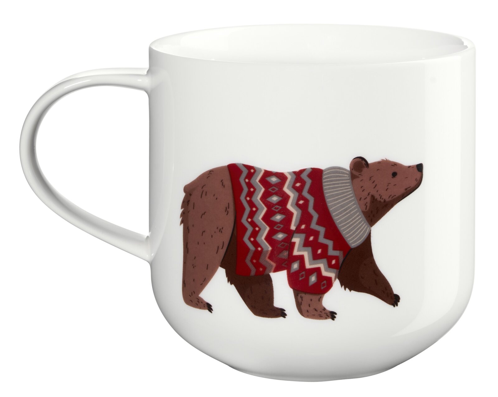 ASA SELECTION Mok met handvat Brown Bear COPPA XMAS Witte mok met een illustratie van een beer in een rood gedessineerde trui en grijze sjaal, schuin van voren afgebeeld met het oor links.
