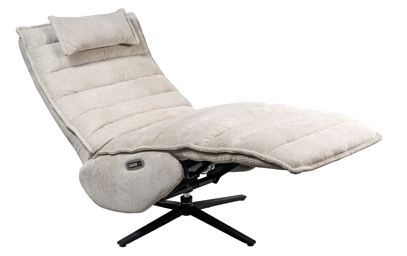 Beige Relaxliege mit verstellbarer Rückenlehne und Fußstütze, seitliche Ansicht