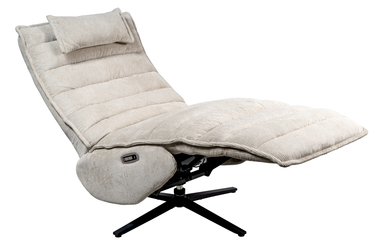 Beige Relaxliege mit verstellbarer Rückenlehne und Fußstütze, seitliche Ansicht