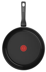 Keramik-Pfanne mit 28 cm Durchmesser, schwarze Oberfläche, rote Thermo-Signal-Markierung in der Mitte, Ansicht von oben.