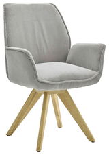 Grauer Armlehnstuhl mit Holzbeinen, seitliche Perspektive