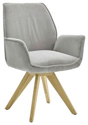 Grauer Armlehnstuhl mit Holzbeinen, seitliche Perspektive