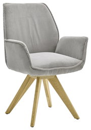 Grauer Armlehnstuhl mit Holzbeinen, seitliche Perspektive