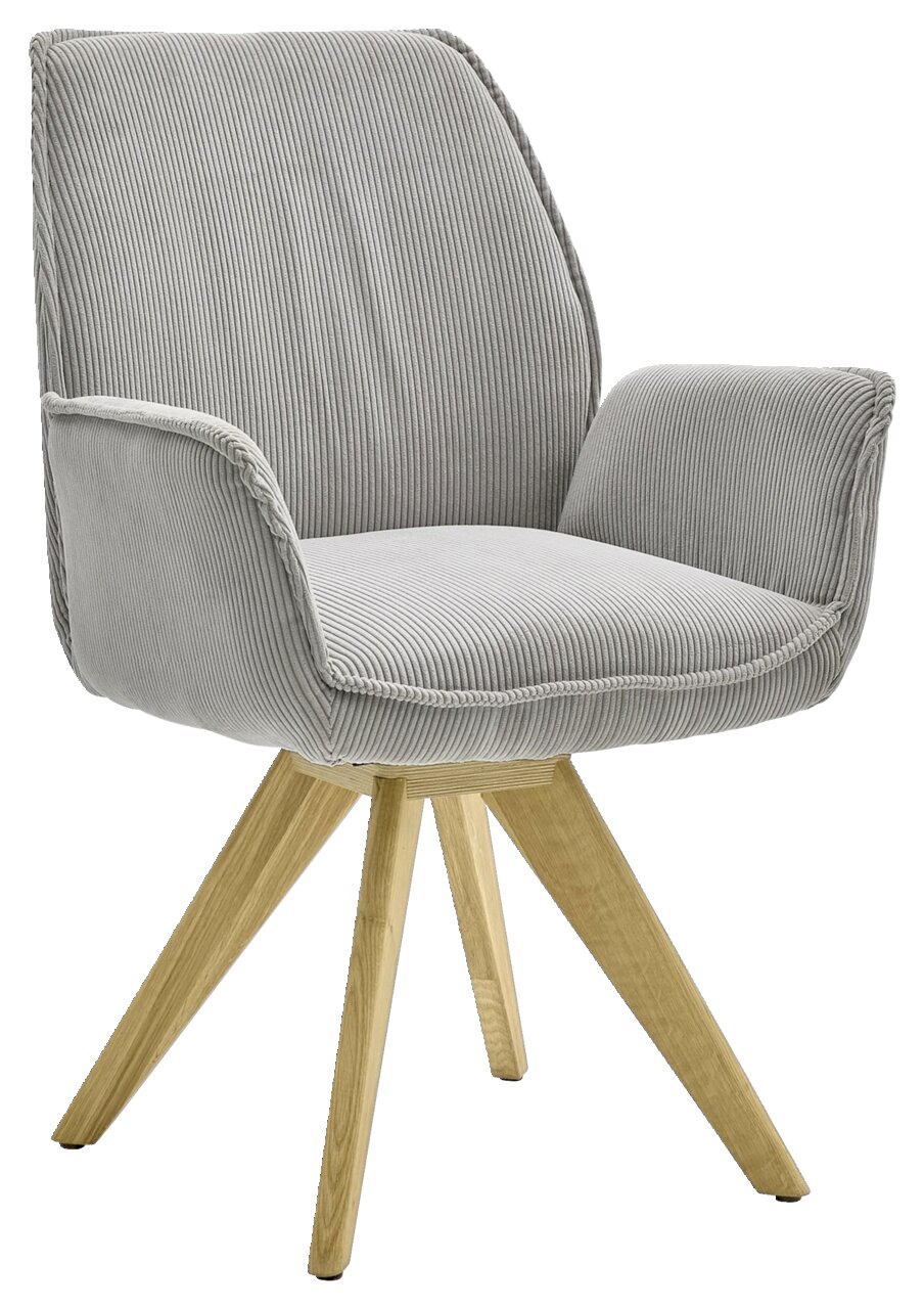 Grauer Armlehnstuhl mit Holzbeinen, seitliche Perspektive